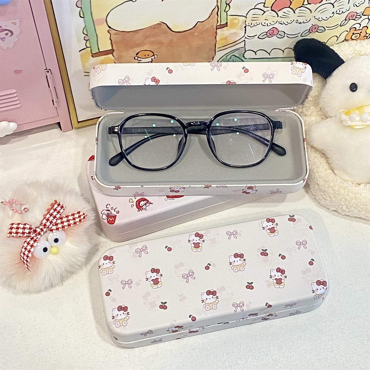 Kitty Glasses Case, High-Looking Cartoon Style, Portable Anti-Pressure And Pressure-Resistant Student Square Style Leather Myopia Glasses Case